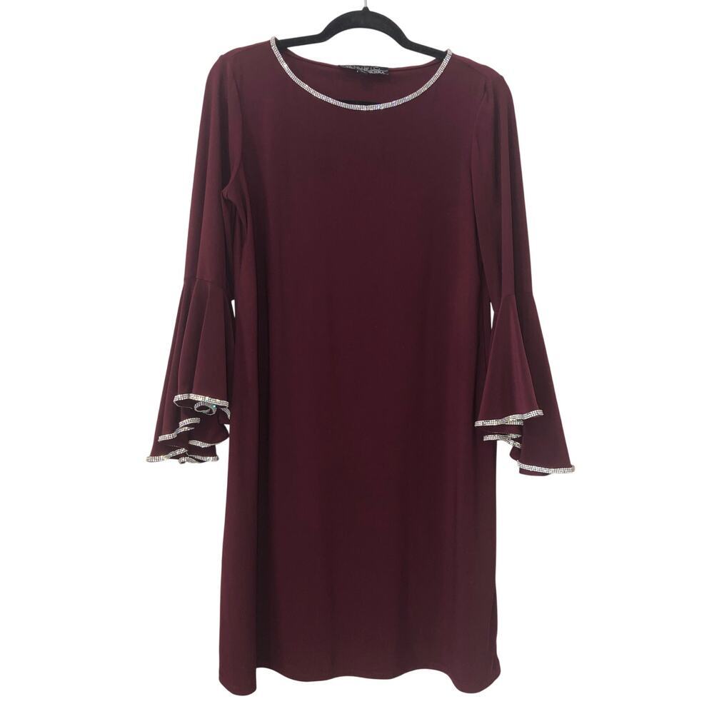 Wedding Guest Dress Size M Burgundy Rhinestones Dramatic Sleeve Badgley Mischka